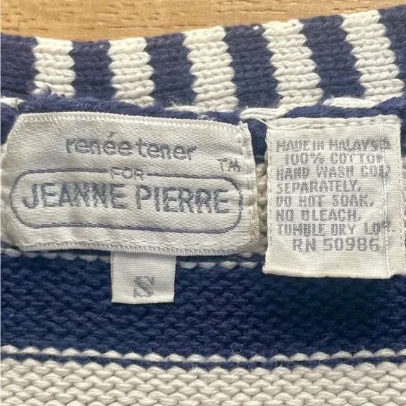 Vintage Jeanne Pierre Navy & White Graphic Knit Top S | Short Sleeve V-Neck - Picture 2 of 8